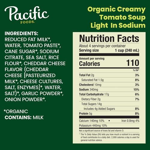 Soupe à la tomate biologique crémeuse faible en sodium de Pacific Foods, carton de 946 ml