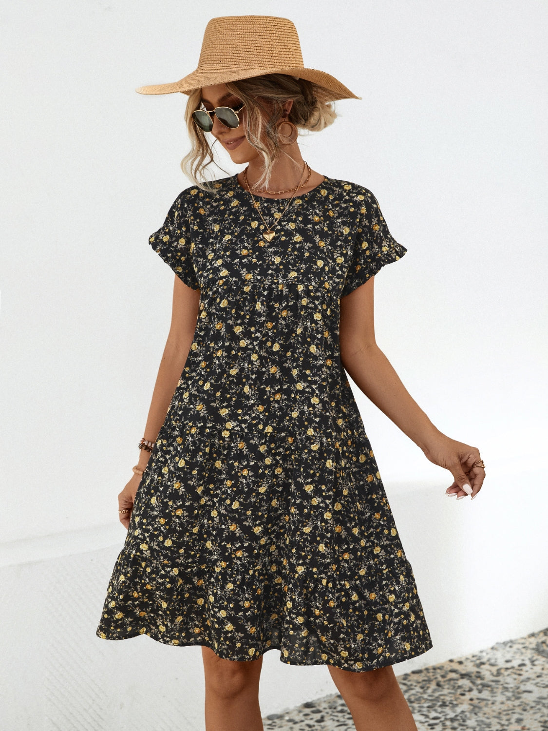 Robe Fleurie Col Rond Manches Courtes Élégante et Décontractée pour Tous les Jours Robe Femme