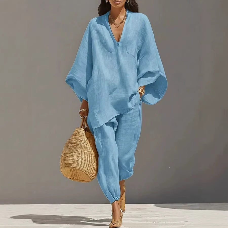 Ensemble deux pièces chemise ample et pantalon court pour femme – Coordonné décontracté vintage