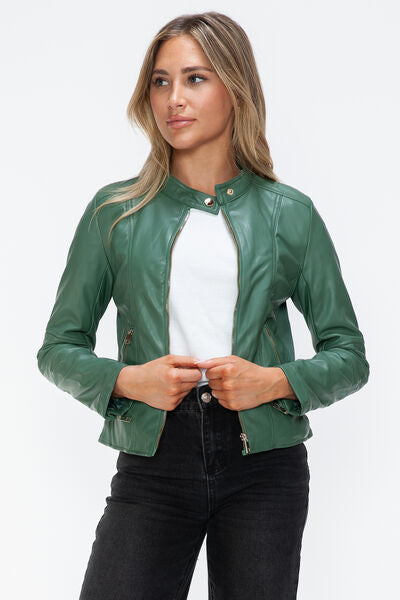 Veste à capuche en similicuir zippée avec cordon de serrage pour femme, élégante et décontractée, en cuir PU pour le streetwear