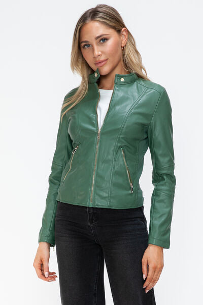 Veste à capuche en similicuir zippée avec cordon de serrage pour femme, élégante et décontractée, en cuir PU pour le streetwear