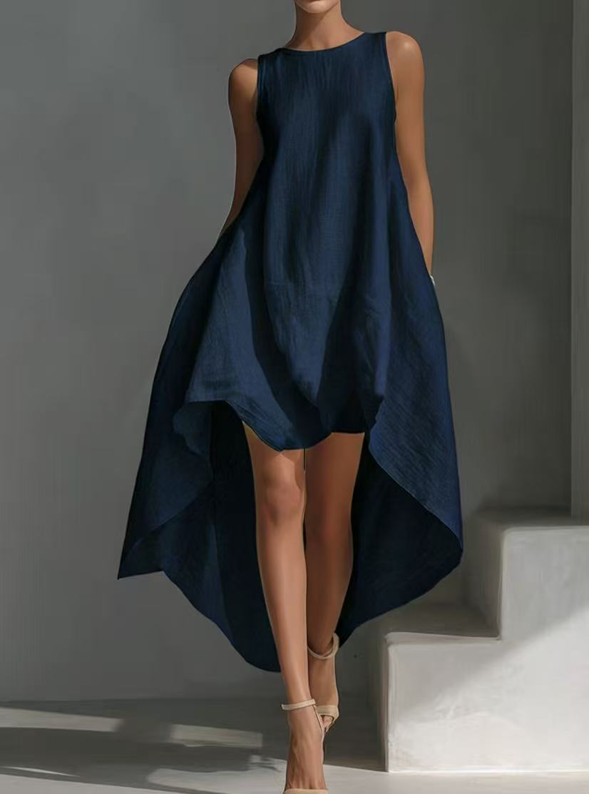 Robe d'été sans manches asymétrique en lin mélangé pour femme