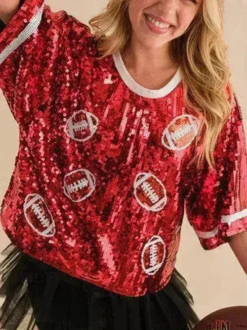 Haut de football à paillettes – Blouse étincelante à demi-manches | Femstylo
