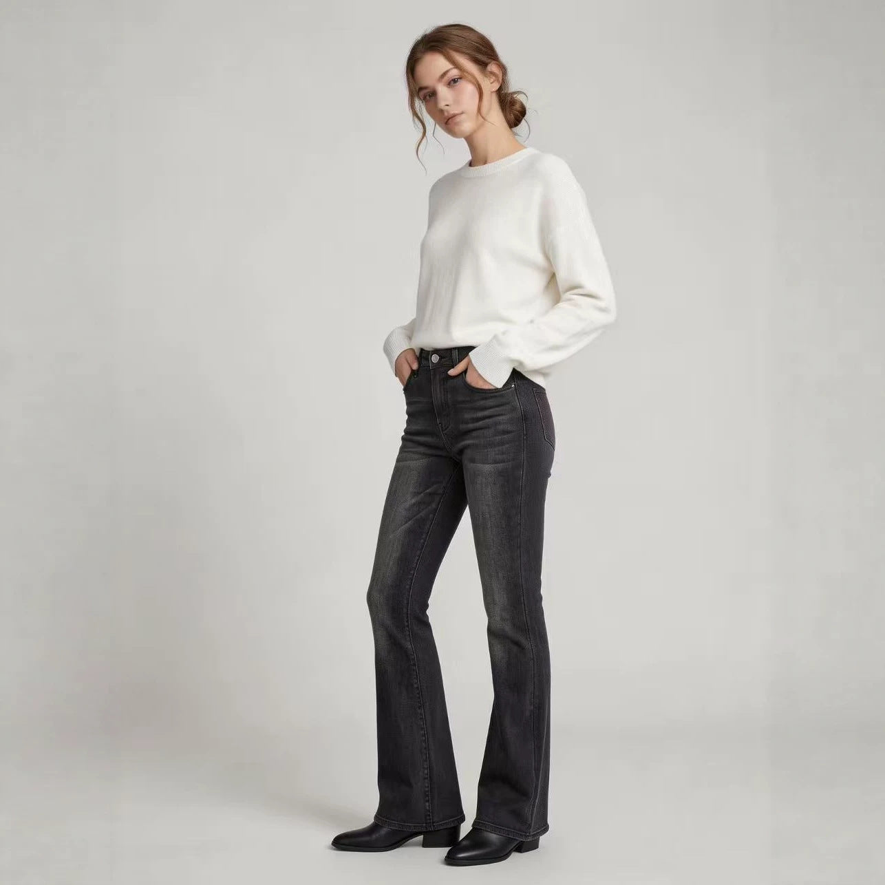 Jeans fuselés taille haute légèrement évasés pour femme – Pantalon en jean pleine longueur