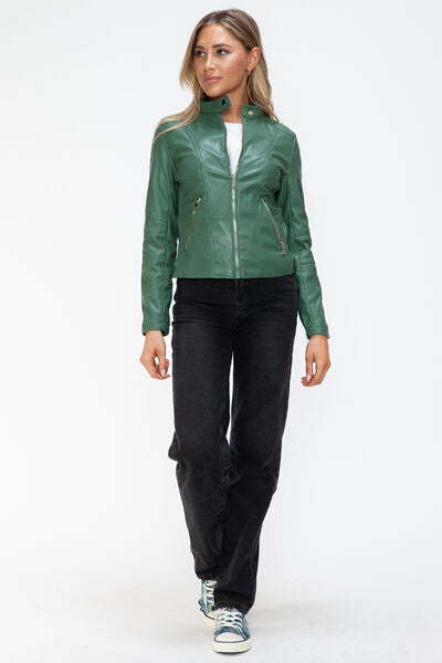 Veste à capuche en similicuir zippée avec cordon de serrage pour femme, élégante et décontractée, en cuir PU pour le streetwear
