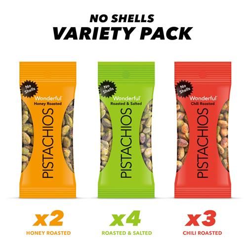 Wonderful Pistachios Sans Coque, Pack Variété Mélangée de 3 Saveurs (9 x 21g), Pistaches Grillées & Salées (4), Chili Grillées (3), Miel Grillées (2), Snacks Protéinés, Sans Gluten, Essentiels du Garde-manger, Sant