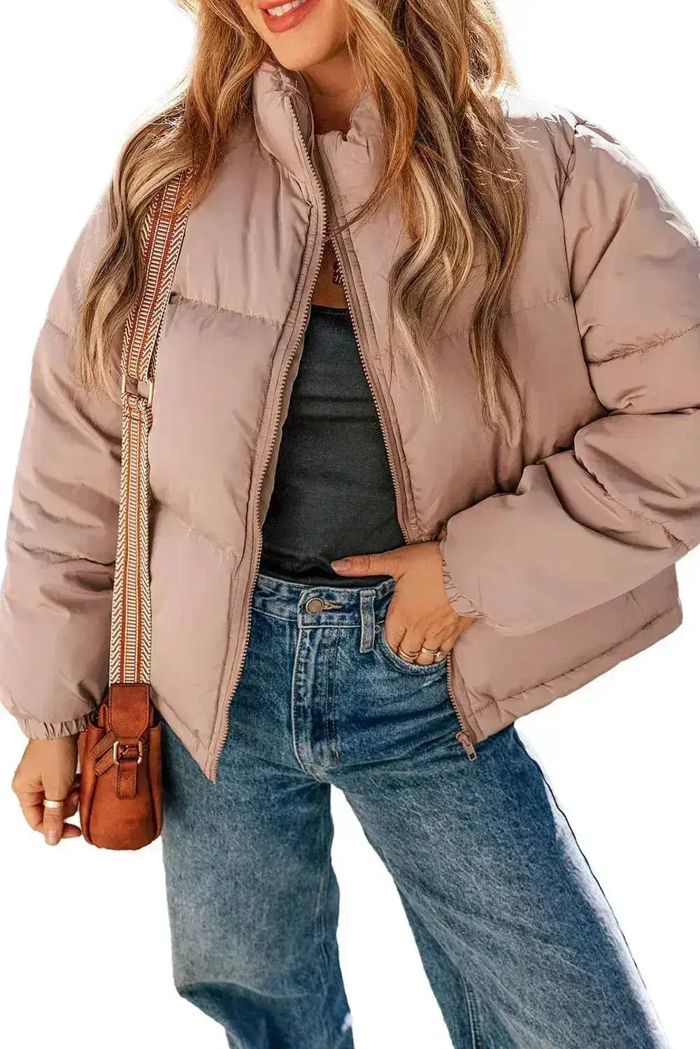 Doudoune matelassée zippée rose abricot