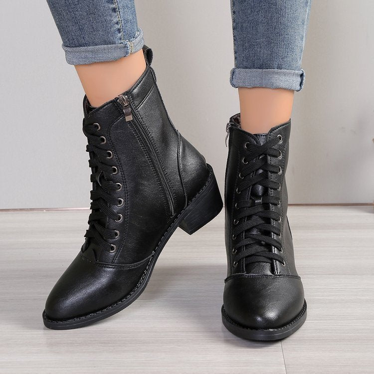Bottes montantes en cuir zippées style britannique — Bottes de mode tendance pour femme