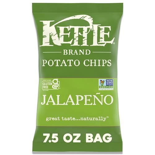 Croustilles de pommes de terre bouilloire saveur Jalapeño de marque Kettle, sans gluten, sans OGM, sac de 212 g