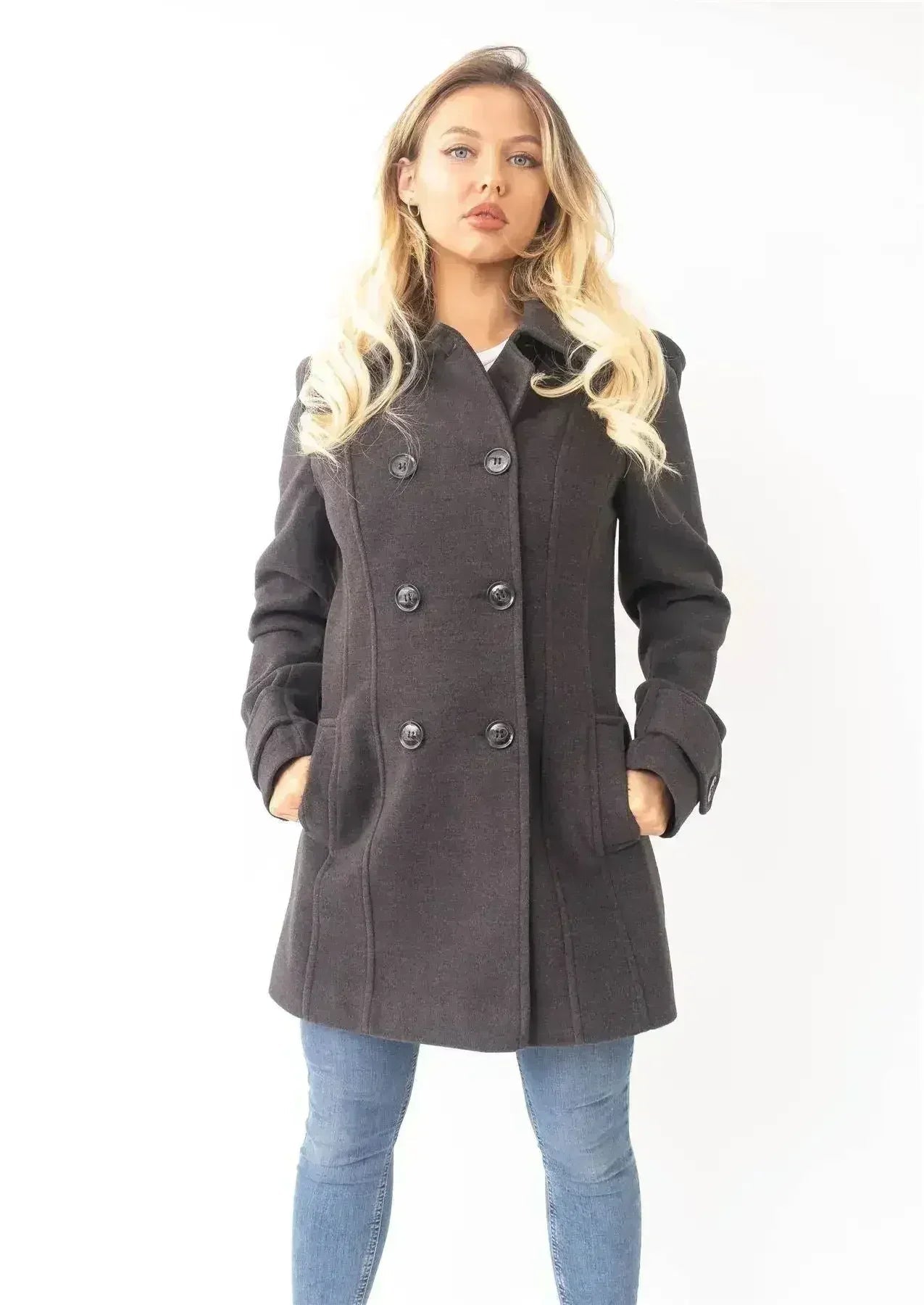 Manteau à capuche croisé double face en laine