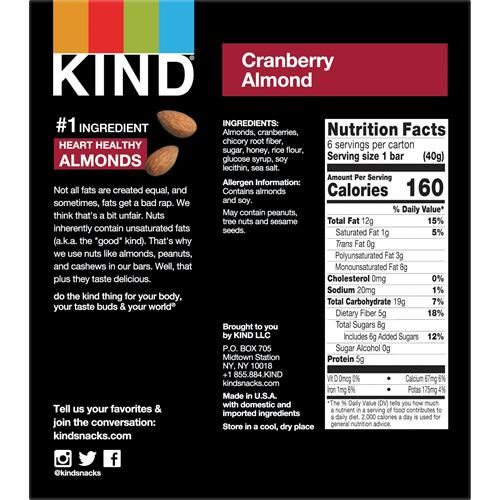 Kind Nut Bars, Canneberge Amande, Snacks Sains, Bonne Source De Fibres, Sans Gluten, 5g Protéines, 6 Barres
