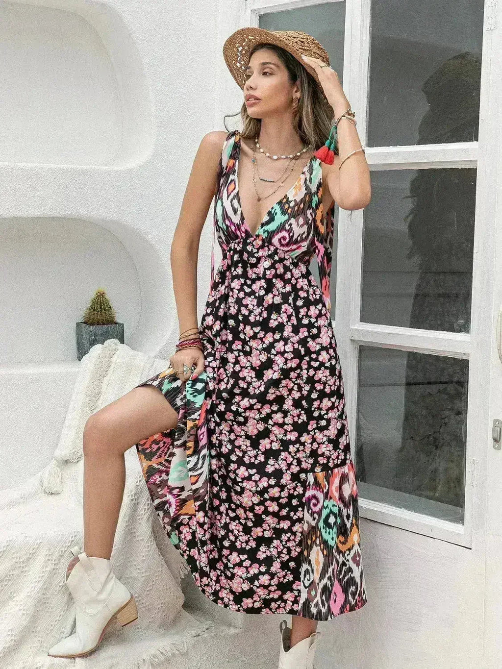 Robe Midi Imprimée Plongée | Sans Manches Taille Nouée | Polyester
