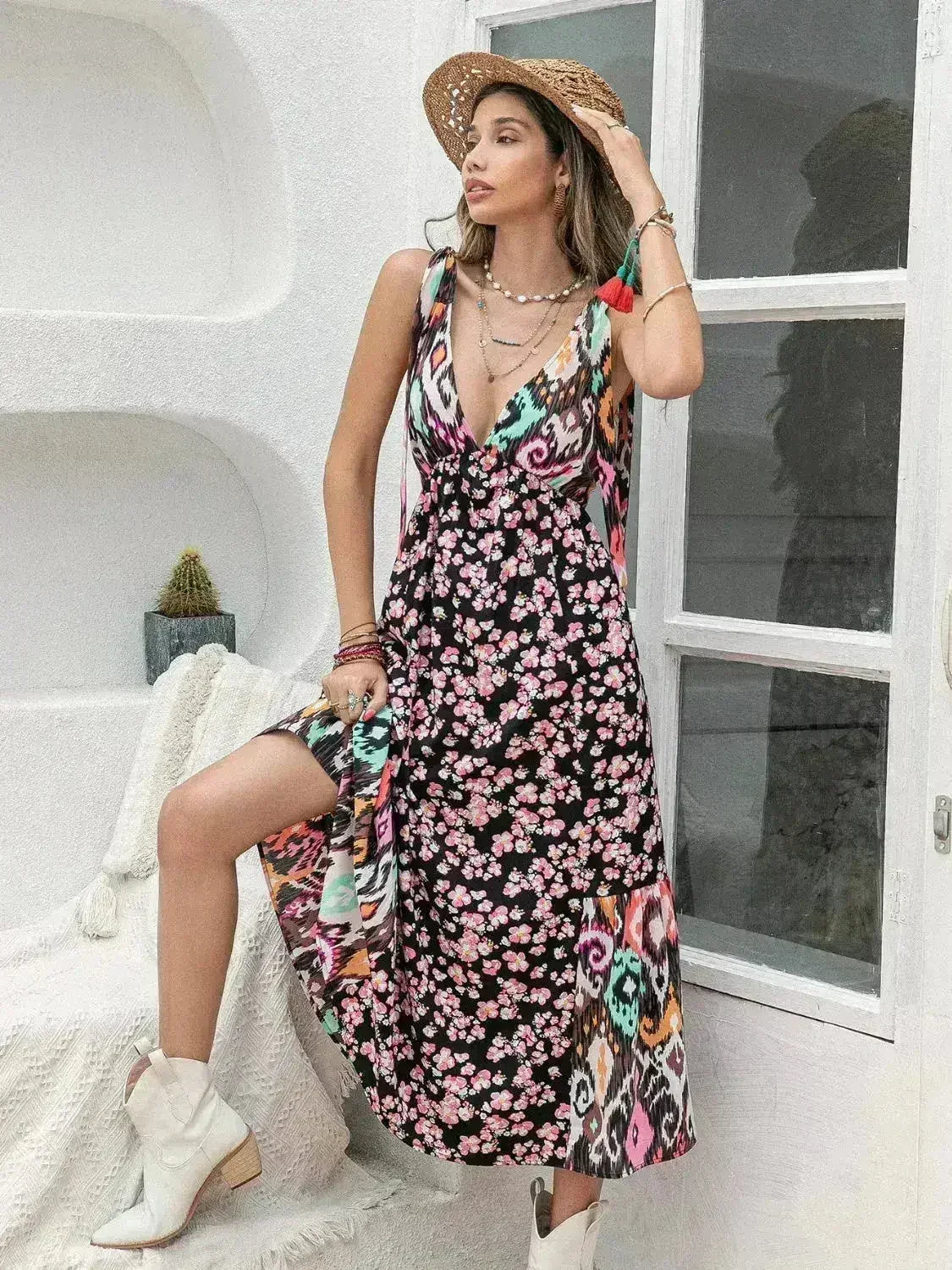 Robe Midi Imprimée Plongée | Sans Manches Taille Nouée | Polyester