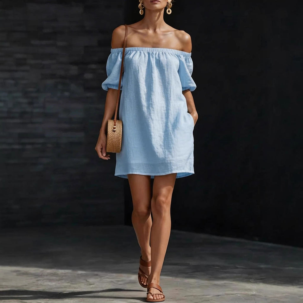 Robe trapèze courte femme en coton et lin à épaules dénudées et manches bouffantes