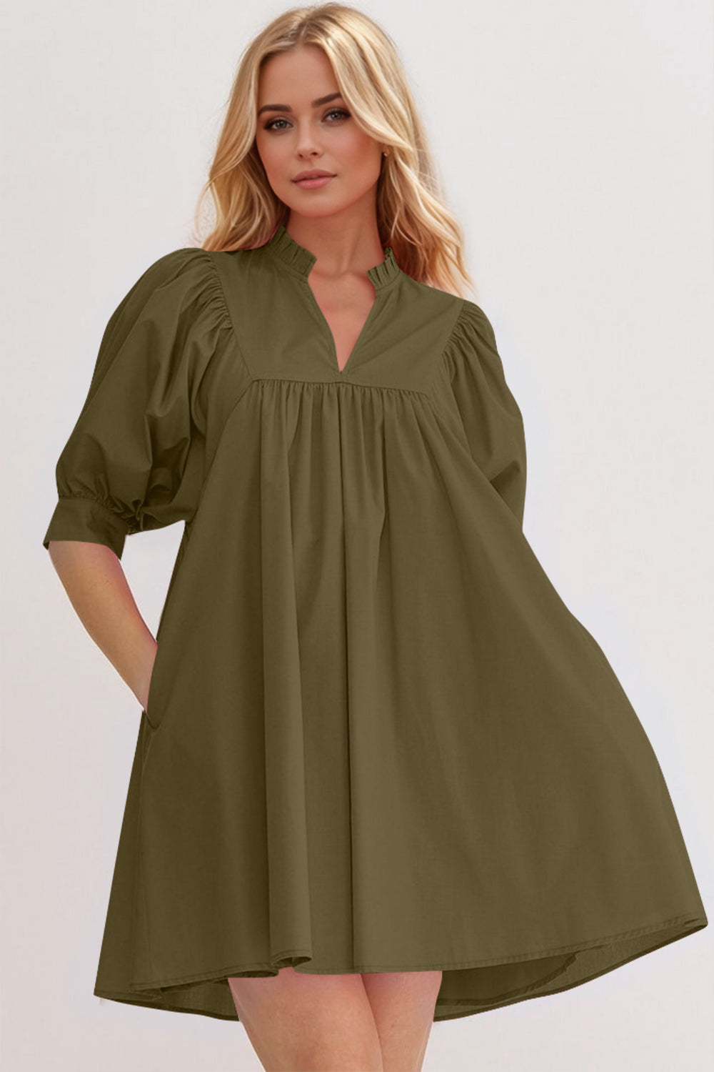 Mini-robe rose à manches bouffantes Robe décontractée et féminine pour femme Robe d'été simple et classique