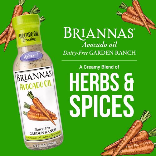 Briannas - Vinaigrette Ranch du jardin sans produits laitiers à l'huile d'avocat - Riche en nutriments, sans sucre, compatible avec le régime céto, faite avec 100 % d'huile d'avocat - Bouteille de 295 ml