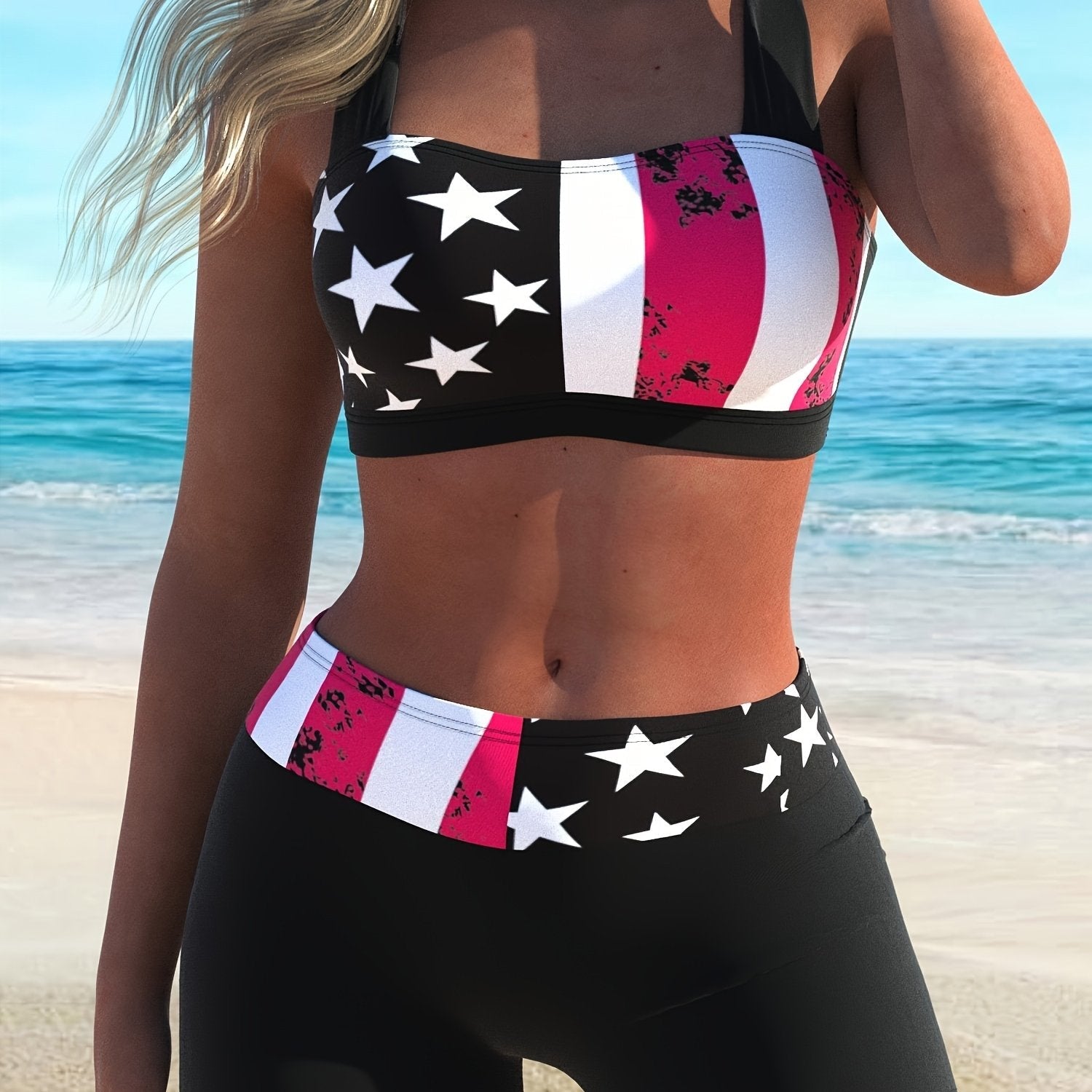 Maillot de bain bikini 2 pièces femme imprimé drapeau américain, licou croisé – Ensemble bikini patriotique très extensible avec dos noué et bas shorty – Maillot de bain confortable pour la plage, la piscine et les célébrations du 4 juillet