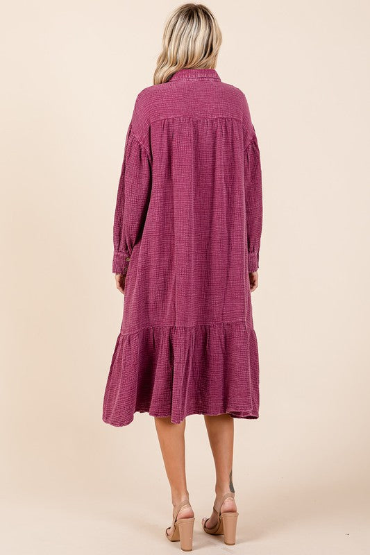 Robe chemise midi à volants en gaze de coton délavé pour femme – Robe boutonnée décontractée et féminine avec détails à volants