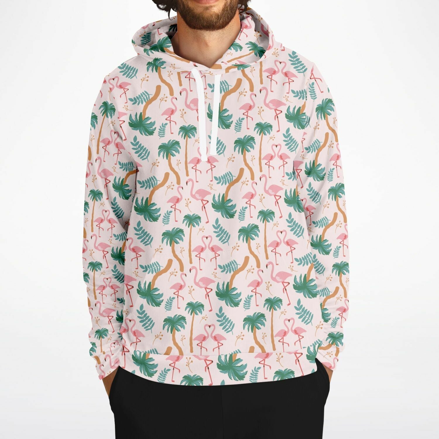 Sweat à capuche motif floral tropical flamant rose