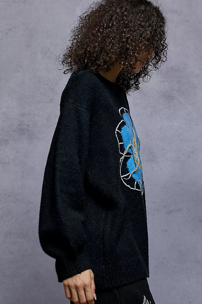 Pull POL à motif floral, col rond, avec surpiqûres apparentes