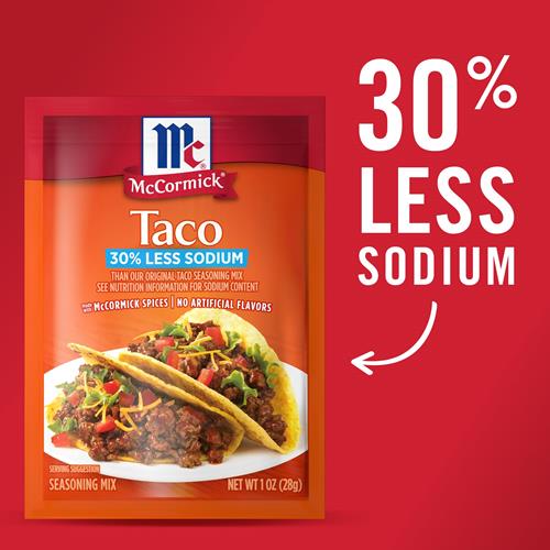 Mélange d'assaisonnement pour tacos McCormick, 30 % moins de sodium, sans glutamate monosodique ajouté, sans arômes artificiels, pour tacos, nachos, fajitas et plus, 28 g