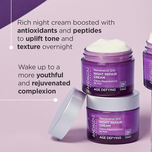 Andalou Naturals Crème réparatrice de nuit Resveratrol Q10, Pour Peaux Sèches, Ridules et Rides, Pour une Peau Plus Douce, Lisse et d'Apparence Plus Jeune, 48 g