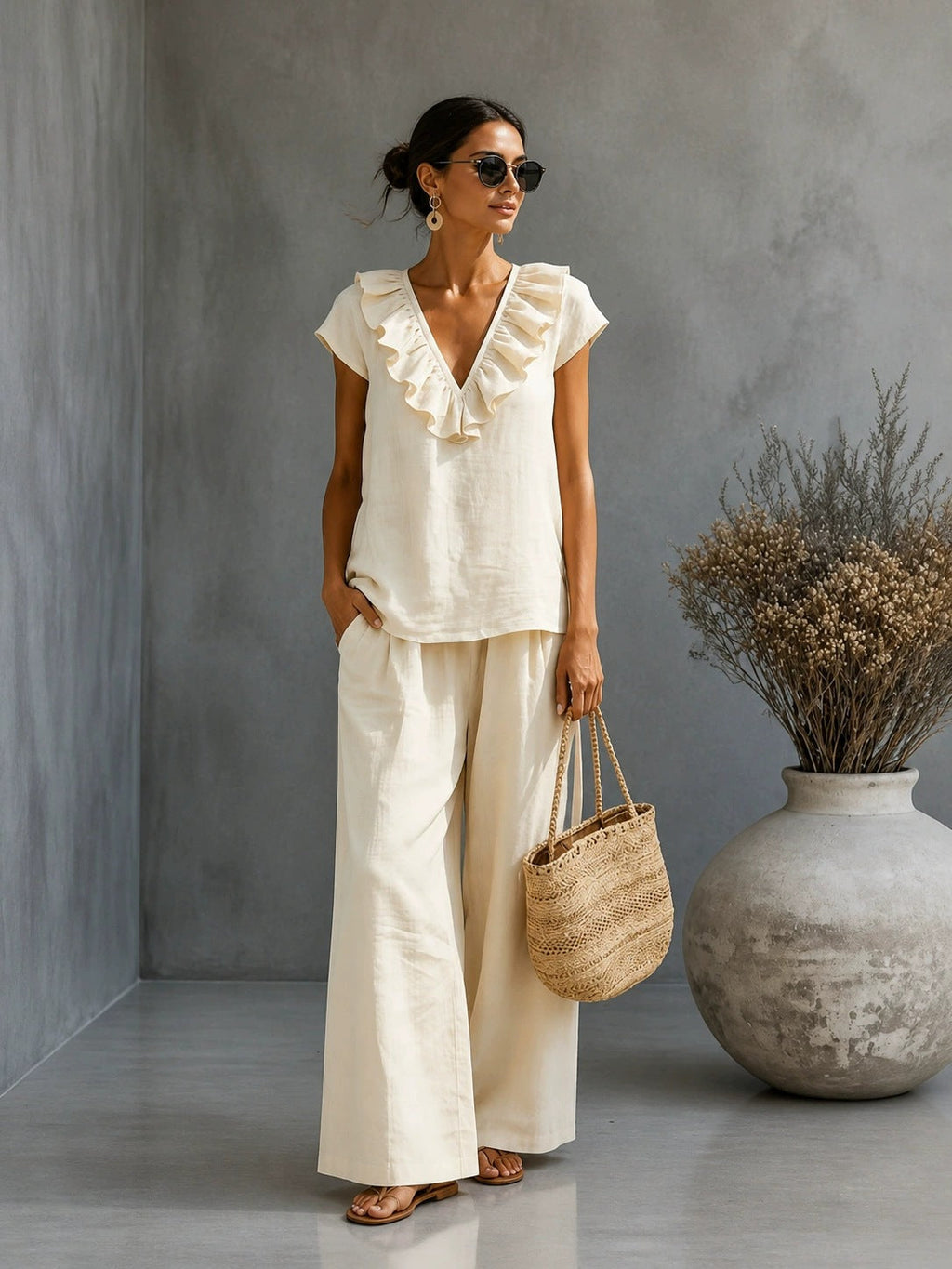 Ensemble deux pièces pour femme : haut à encolure en V et ourlet à volants et pantalon large