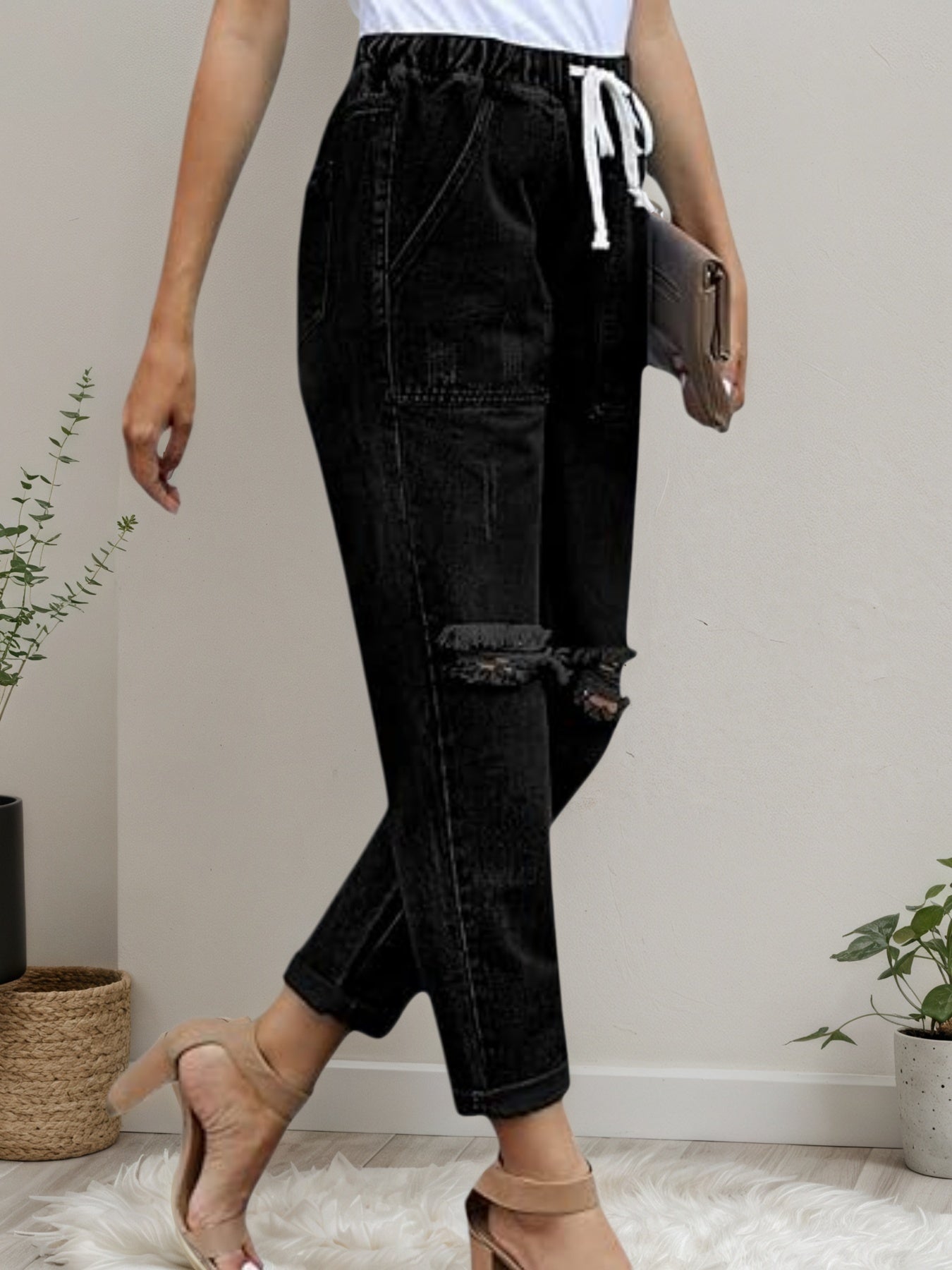 Jean Femme Délavé et Extensible – Jean Jogger en Denim Décontracté à Taille Élastique