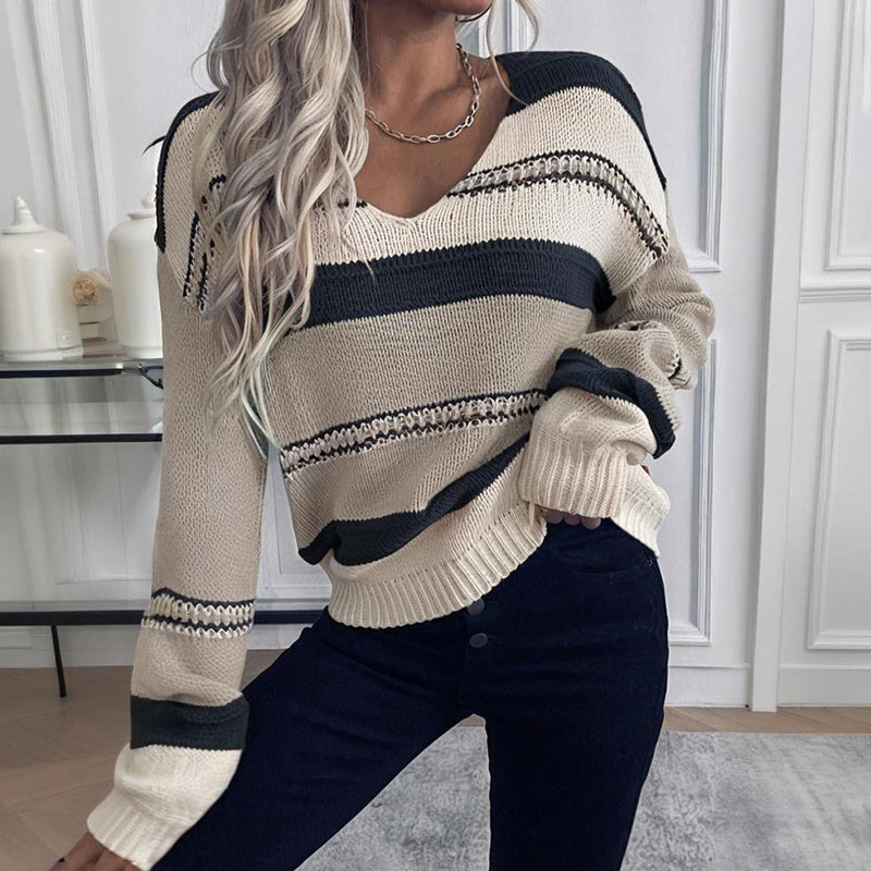 Pull rayé vintage français pour femme | Col en V, manches longues, tricot extensible