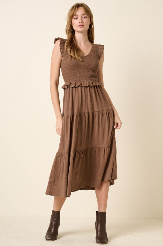 Robe midi étagée volantée smockée pour femme – Robe bohème chic féminine, romantique et élégante pour occasions spéciales