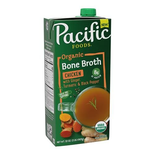 Bouillon d'os de poulet bio au gingembre, curcuma et poivre noir Pacific Foods, carton de 946 ml