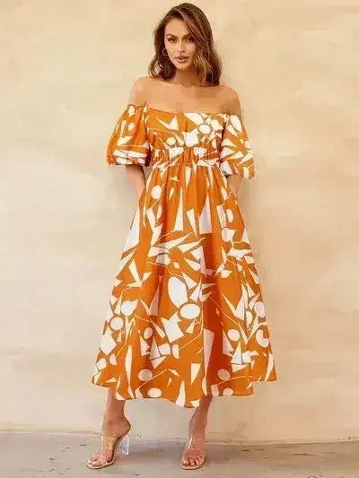 Robe imprimée à épaules dénudées et manches ballon
