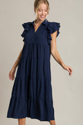 Robe féminine classique à manches volantées bleu marine grande taille mode douce