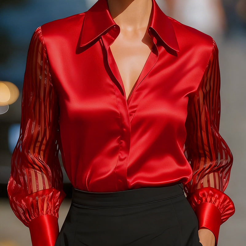 Chemisier femme en satin à col à revers – Chemise transparente à manches longues boutonnée pour le bureau et la mi-saison