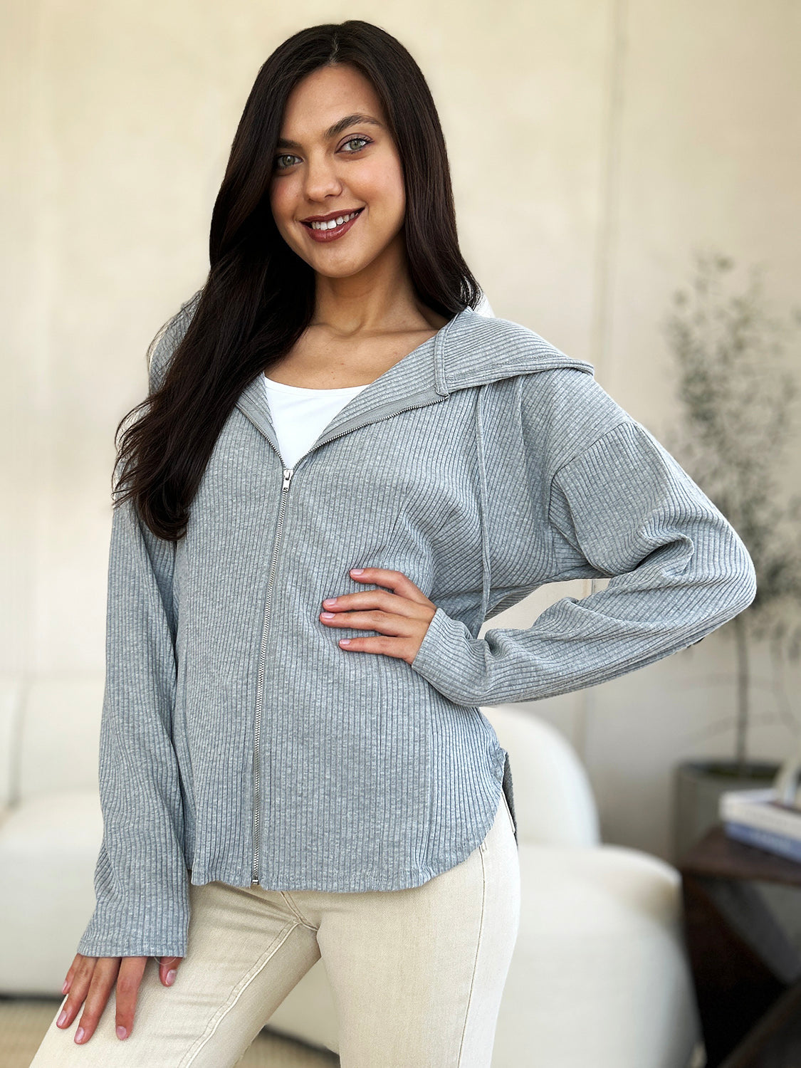 Veste à Capuche Zippée Côtelée avec Cordon de Serrage Culture Code pour Femme - Veste Tendance avec Capuche Réglable pour Femme