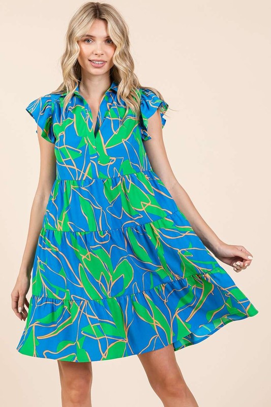 Nouvelle robe courte étagée à imprimé feuilles d'été et manches à volants – Motif feuilles frais et léger avec des manches à volants féminines