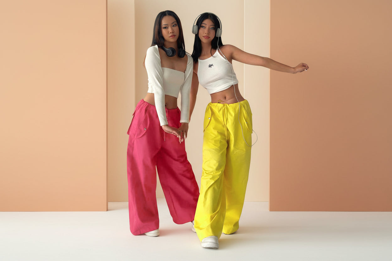 Pantalon cargo droit femme taille haute à lacets – Coupe ample