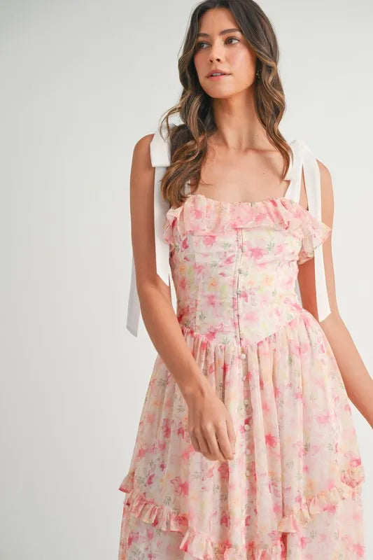 Robe Midi Imprimé Floral à Bretelles Pour Femme – Robe Midi Fleurie, Robe à Bretelles, Robe Midi Volants, Robe Fleurie Féminine, Robe de Soirée Élégante