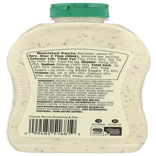 Whole Foods Market Ranch Classique Biologique Format Familial, 618 g
