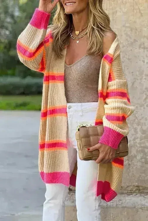 Gilet long en maille côtelée à rayures