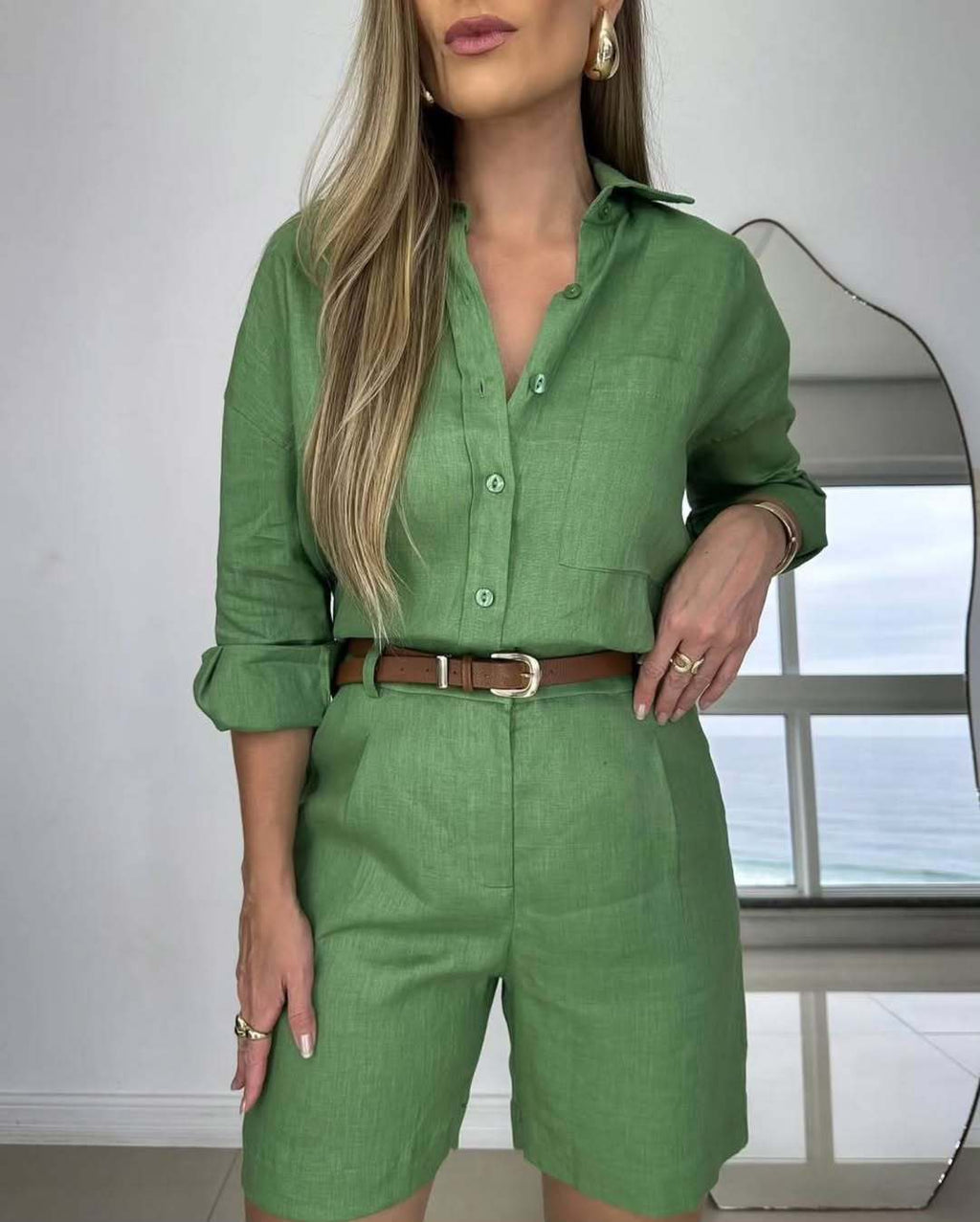 Ensemble décontracté femme chemise manches longues et short – 2 pièces en coton