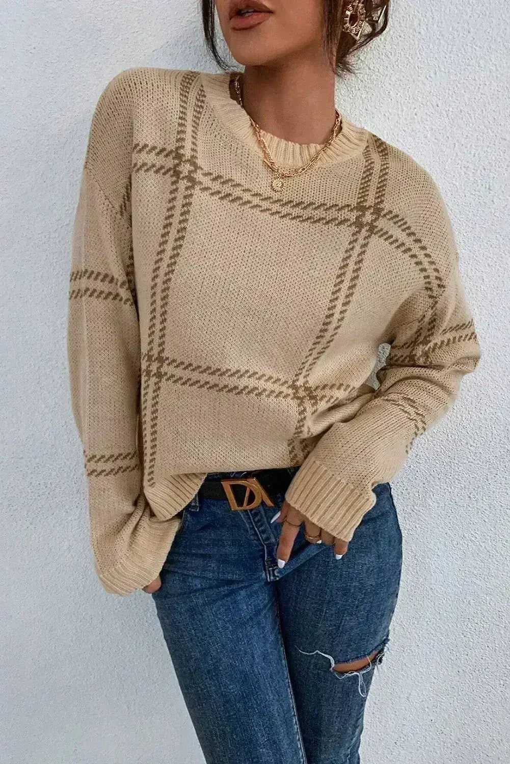 Pull en maille à carreaux kaki avec épaules tombantes