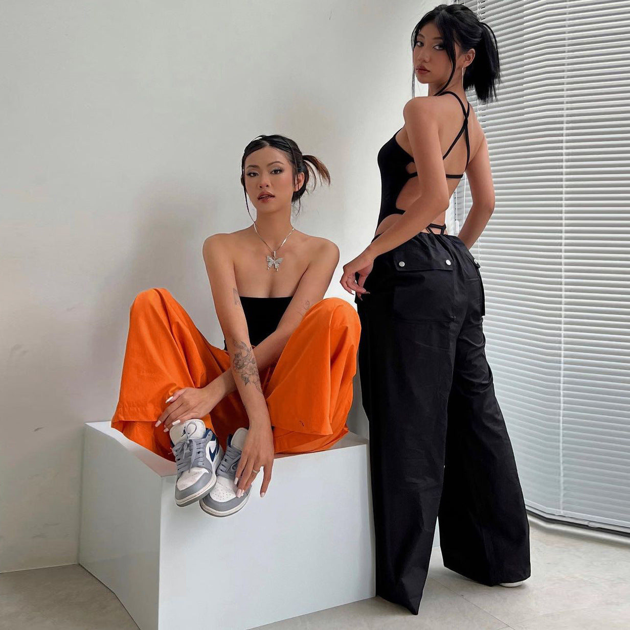 Pantalon cargo droit femme taille haute à lacets – Coupe ample