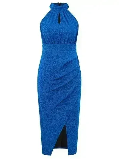 Robe sans manches à col montant, froncée et fendue