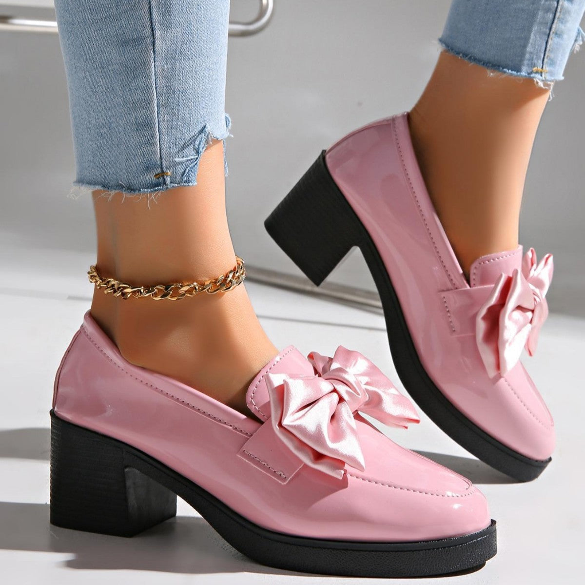 Escarpins Femme Bout Rond Talon Bas Nœud Papillon – Chaussures Décontractées en PU Grande Taille
