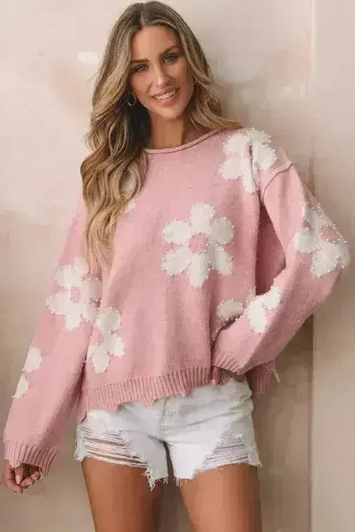 Pull à détails fleuris et perles - Design fendu roulé | Femstylo