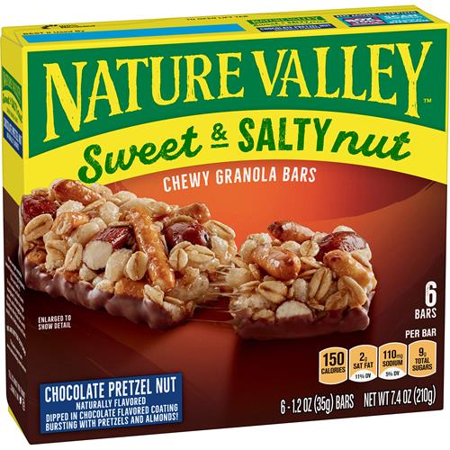 Barres granola Nature Valley, noix sucrées et salées, noix chocolat et bretzel, 6 barres, 210 g