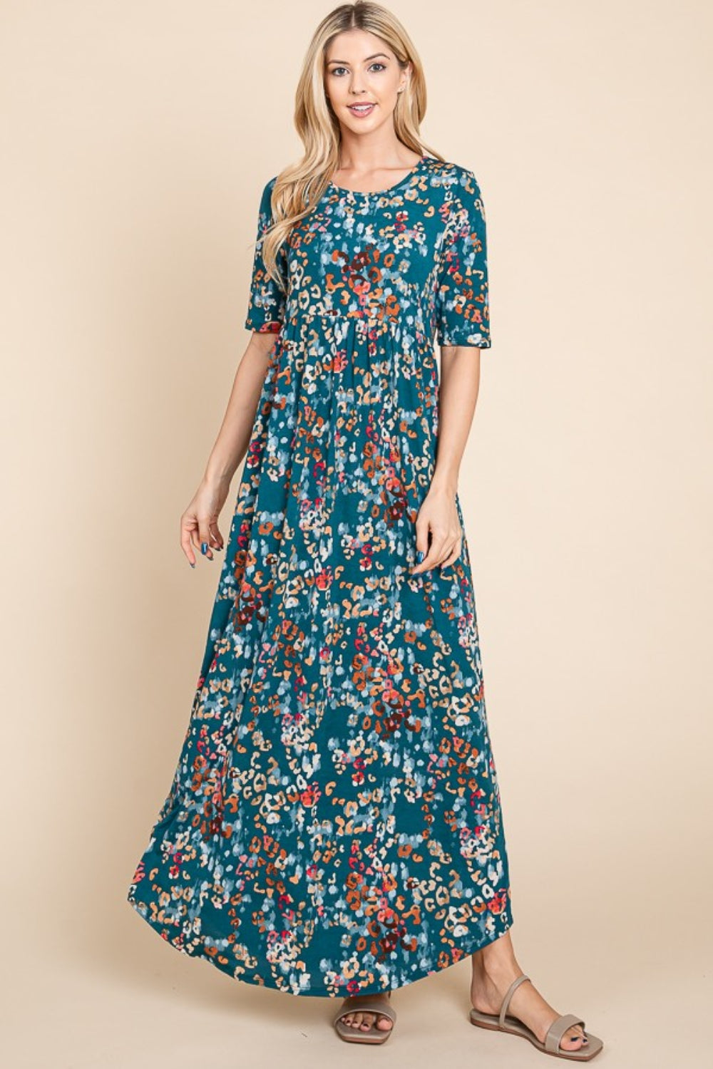 Robe longue froncée imprimée pour femme – Robe longue froncée flatteuse, Robe longue imprimée confortable, Robe longue fleurie chic, Robe longue froncée élégante, Robe longue élégante, Robe imprimée polyvalente, Mode confortable