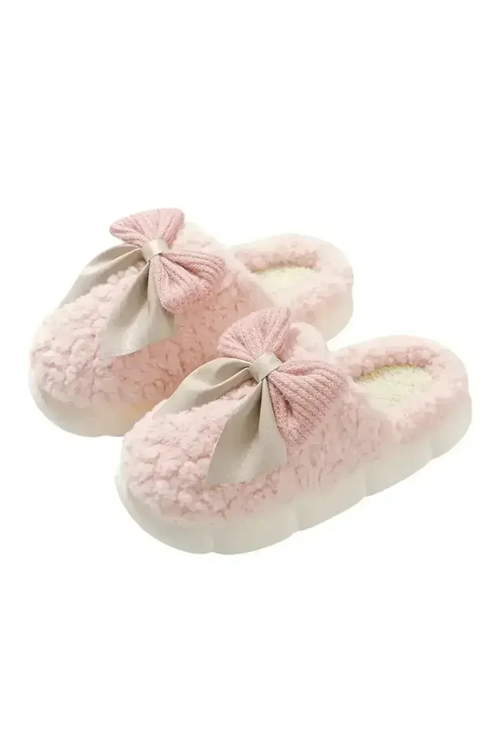 Pantoufles d'hiver en peluche à nœud et applique, contraste blanc