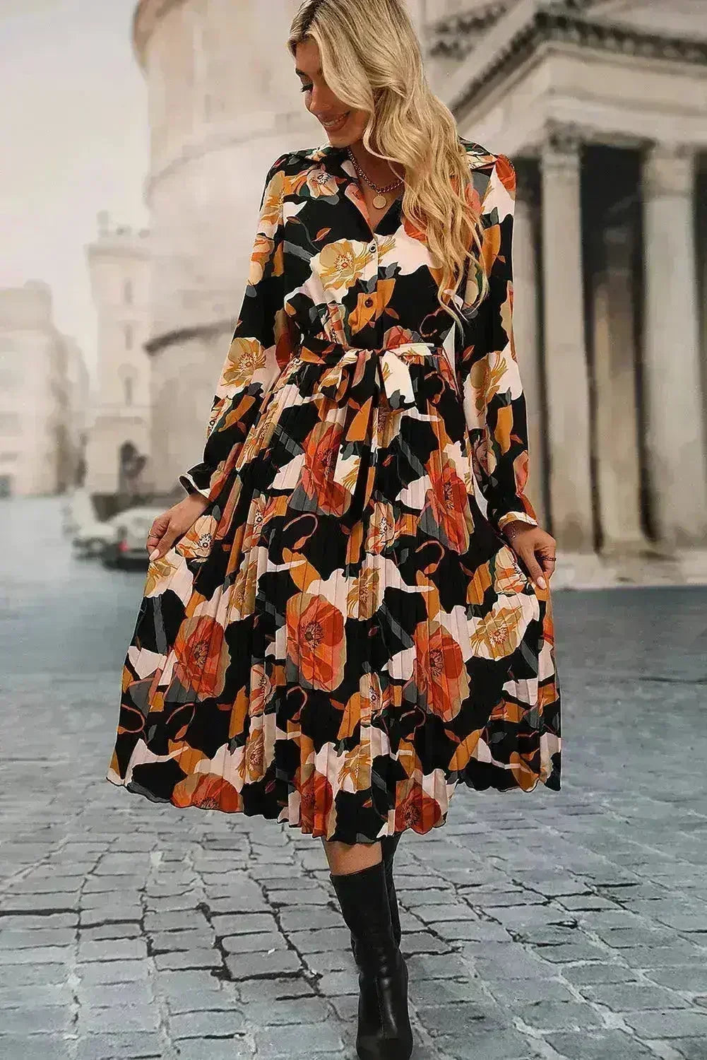 Robe chemise plissée florale - Robe midi à nouer à la taille | Femstylo